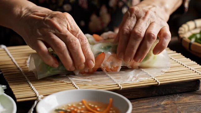 Preparing Spring Rolls with Fresh Ingredients.