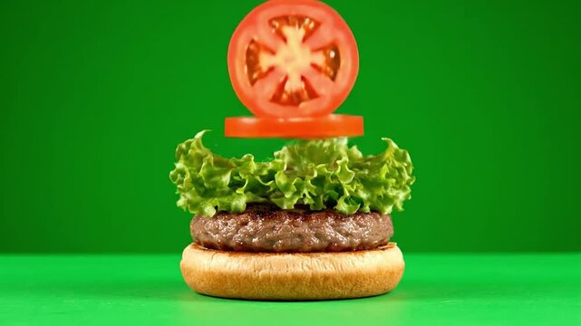 Artistic deconstruction of a fresh gourmet burger with floating, vibrant ingredients juicy patty, crisp lettuce, ripe tomato, and soft bun against green
