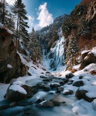 Snow blankets a rocky gorge where icy water flows past towering evergreens and frozen waterfalls. The crisp winter landscape glows under bright sun and fluffy clouds.