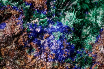 Macro photo of azurite and malachite from Congo- vibrant blue and green crystals under magnification. Professional micro mineral photography for scientific posters