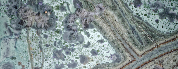 A macro photograph of Tinguaite from Khibiny under a microscope, a rare igneous ornamental stone is an abstract geological texture for science, education, research