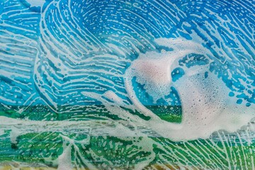 Soap foam on glass- cleaning of contaminated surfaces. Clean background- clipart photo