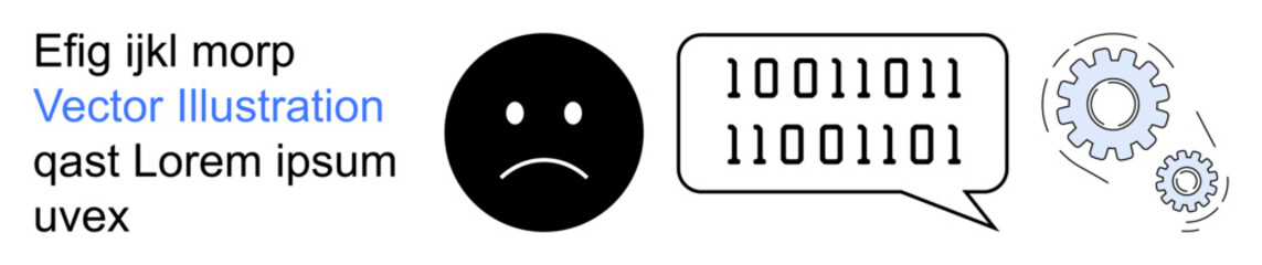 Fototapeta premium Digital communication, programming, problem-solving, coding issues, data encryption, artificial intelligence. A sad face, binary code speech bubble and gears. Digital communication and programming