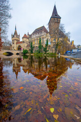 Vajdahunyad Castle with waterfront in Budapest at christmas time. Amazing Reflection.