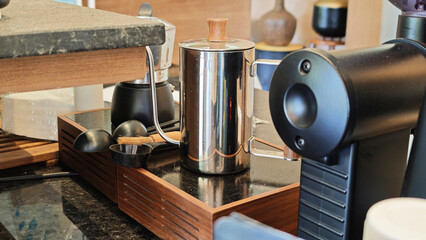 Coffee brewing equipment in a cafe.