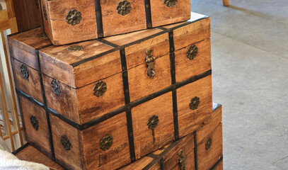 Vintage style wooden boxes are used for decoration in coffee shops.