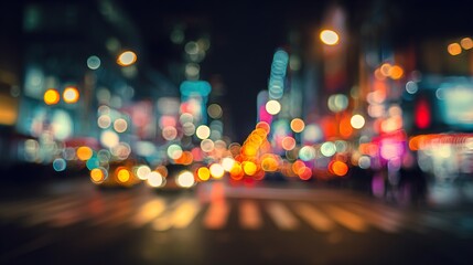 Abstract view of a city street at night with blurred lights reflecting the vibrant urban environment. Blurred background.