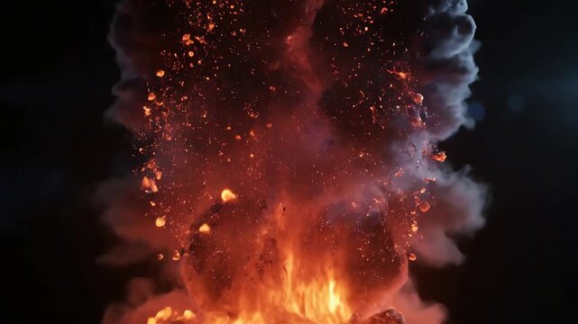 Exploding hot lava eruption with flying rocks and fire smoke in darkness