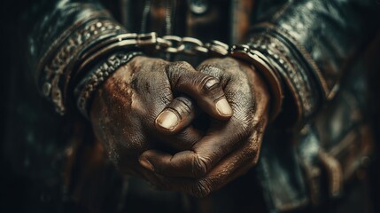 Rough, calloused hands bound by heavy chains rest in dim, gritty light. The image evokes captivity, struggle, or enduring strength against oppression.