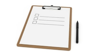 Clipboard with checklist and pen isolated on white background