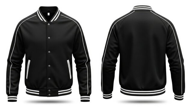 Black and white varsity jacket with button closure isolated on white background