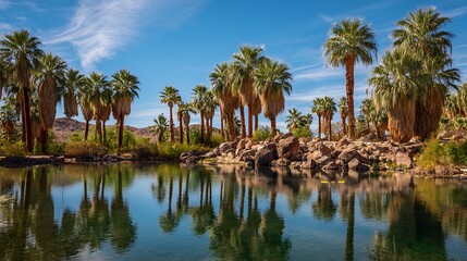 Obraz premium Desert oasis palm trees and water