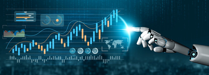 A futuristic robotic hand interacts with a digital financial chart, symbolizing innovation in technology and data analysis in the stock market and investment sectors. Gantry