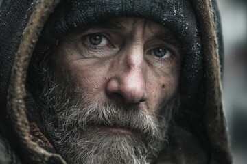 Homeless hobo old man piercing eyes peers from beneath a frost-dusted hood, face etched by hardship. His gaze conveys quiet resilience and the weight of survival in cold solitude.