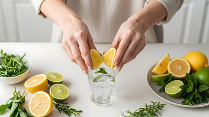 Squeezing lemon into glass of sparkling water with mint and citrus, Dry January alcohol free mocktail concept