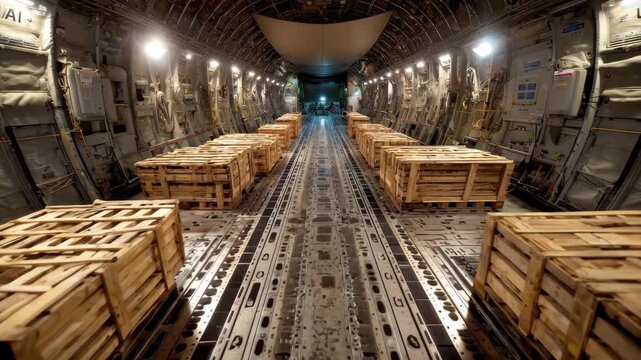 Cargo plane interior pallets loaded, Cargo plane interior with pallets securely loaded and organized for transport