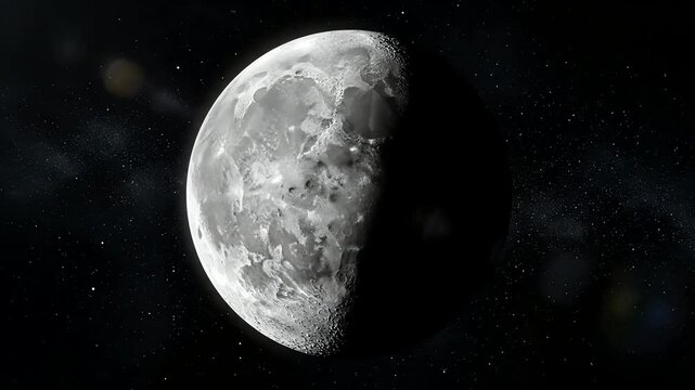 A cinematic and realistic slow zoom towards the detailed surface of the half-lit Moon in deep space.