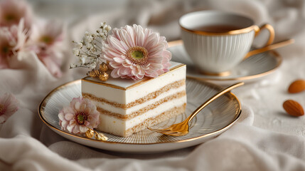 Elegant White Almond Cream Torte Slice with Pink Gerbera Flowers and Gold Accents a Cup of Tea