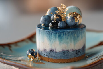 Exquisite Blueberry Mousse Cake With Gold Leaf And Macarons On A Decorative Plate