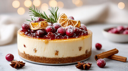 Festive Cheesecake Garnished With Cranberries Orange Slices Rosemary And Star Anise Close Up