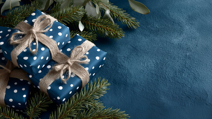 Festive Blue Gift Boxes With White Dots Tied With Burlap Ribbon Surrounded By Green Pine Needles On