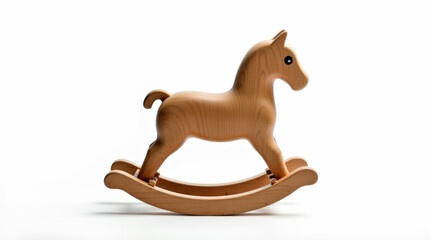 Vintage wooden rocking horse toy on clean white background, nostalgic retro aesthetic, for toy, childhood and decor themes