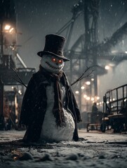 A sinister snowman in a top hat and coat glows with fiery eyes amid snowy industrial ruins. The eerie, cinematic scene blends holiday whimsy with dark, post-apocalyptic dread.