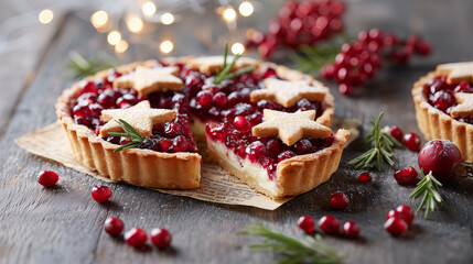 Glistening Deep Red Cranberry Pomegranate Tart Slice with Star Cutouts and Rosemary Garnish on
