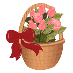 A bouquet of pink roses in a basket tied with a bow. Vector illustration isolated on a white background.