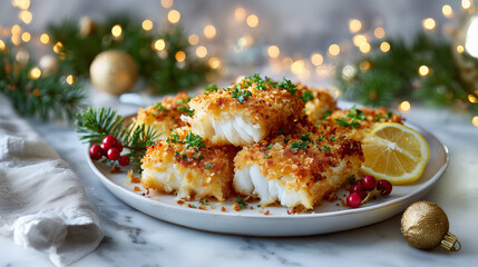 Golden Butter Fried Cod Pieces Garnished with Parsley and Lemon on Marble Plate with Festive Lights