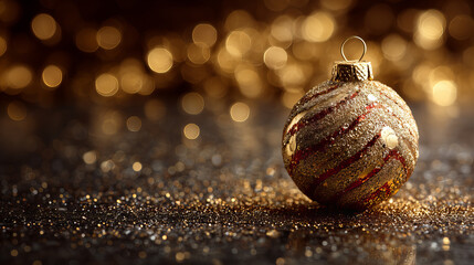 Golden Christmas Ornament with Twinkling Lights and Glitter Background