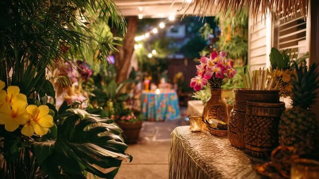 birthday luau and tropical vibes, A vibrant birthday luau scene with tropical decorations, colorful leis, and festive table settings under palm trees