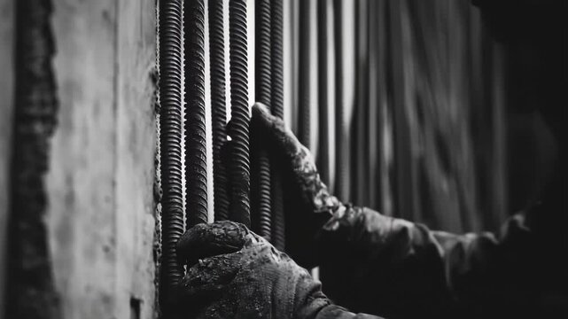 a construction worker in gloves handling rebar, A construction worker in gloves is working with rebar, showcasing safety and precision on the job site