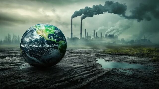 Earth globe on the polluted ground with factory smokestacks at the background. Environmental pollution ecology concept