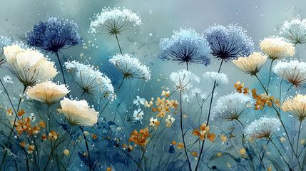 Impressionist Watercolor Painting of Delicate Queen Anne's Lace Flowers in Soft Blue and White