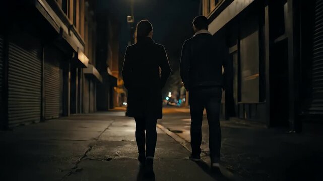 Couple walking down a dark alleyway at night lit by streetlights with shops closed on the sides