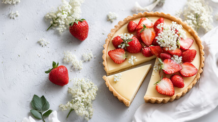 Overhead View Of A Delectable Tart With Creamy Filling Topped With Fresh Strawberries And Delicate