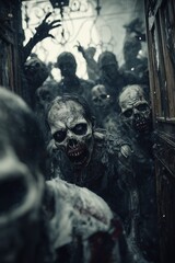 Decaying  sinister zombies lurch through a old house, their hollow eyes and tattered clothes evoking horror and desolation. Captures dread, survival, and post apocalyptic tension.