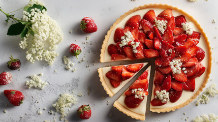 Overhead View of Strawberry Tart with Creamy Filling and White Flowers on White Surface