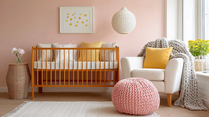 Pastel Pink Nursery Room With White Furniture Wooden Crib And Cozy Armchair
