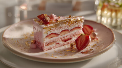 Pastel Pink Strawberry Torte With Airy Textures and Gold Sprinkles On A Plate