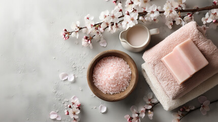Serene Spa Setting With Pink Himalayan Salt Soap And Blooming Cherry Blossoms