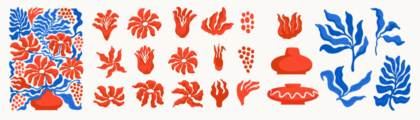 Flower and leaf vector collection with abstract groovy style in red and blue. Floral spring elements and wildflower set for decorative cards, posters, prints, and creative design projects