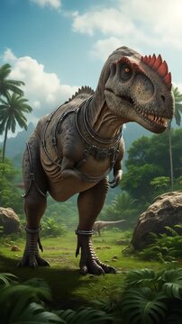 Majestic Allosaurus Dinosaur Roaming a Lush Prehistoric Jungle Landscape.