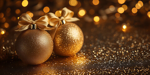 Two Gold Glittery Christmas Ornaments with Bows on Festive Gold Background with Bokeh Lights