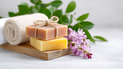 Two Natural Handmade Soap Bars Stacked on Wooden Stand with Rolled Towel and Lilac Flowers on White