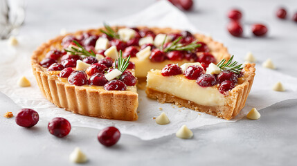 Whole Festive Cranberry White Chocolate Tart with Rosemary and Powdered Sugar on White Paper