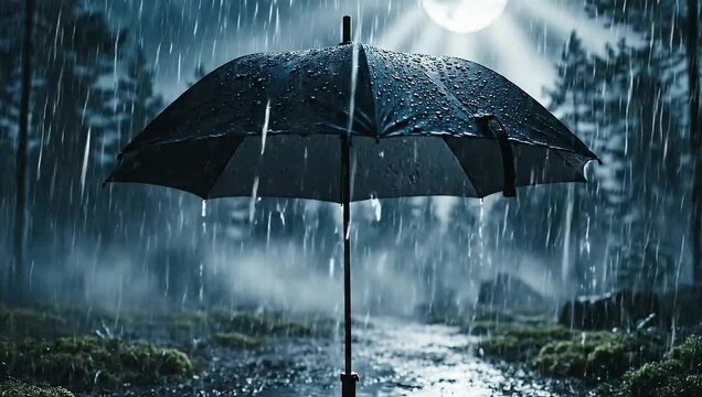 Dramatic nighttime scene with lone umbrella standing in heavy rain