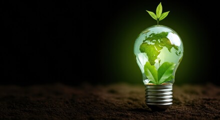 Light bulb with globe and plant sprout symbolizing green sustainable energy
