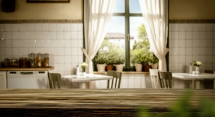 Kitchen interior shows sunlit dining area and rustic wooden table by window
